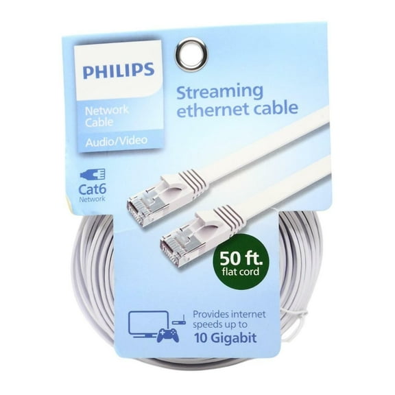 Philips Audio/Video Network Cable Cat6 Flat Streaming Ethernet Cable White, 50ft