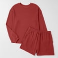 thumbnail image 4 of 2 Piece Ribbed Knit Loungewear Set Women's Long Sleeve Crew Neck Tops Elastic Waisted Shorts, Loose Comfortable Outfits Red S, 4 of 7