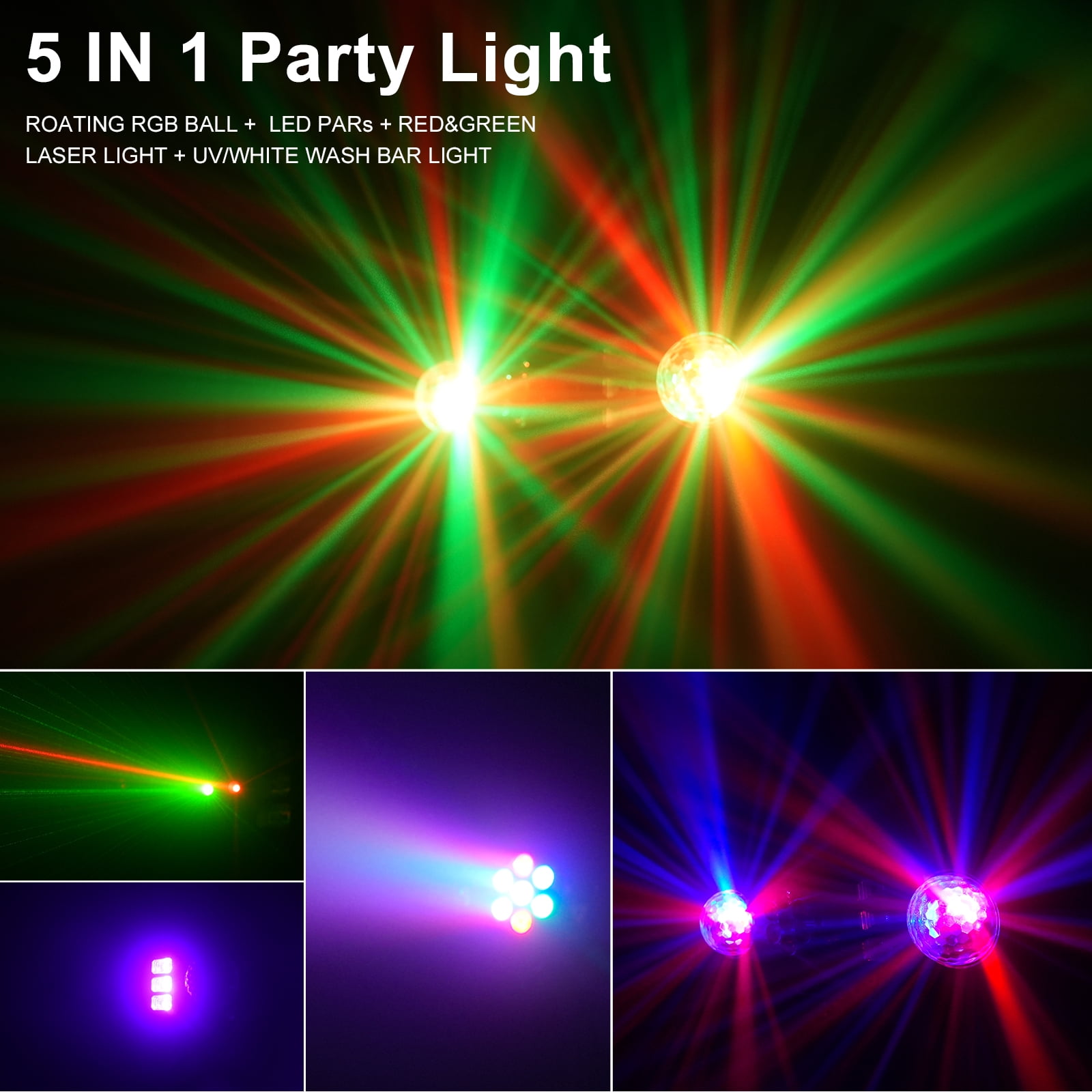 JAJALUYA DJ Light with Stand 5-in-1 Rotating RGB Balls & Remote – UV LED, Strobe, Sound-Activated Lighting for Parties, Weddings, Disco Clubs