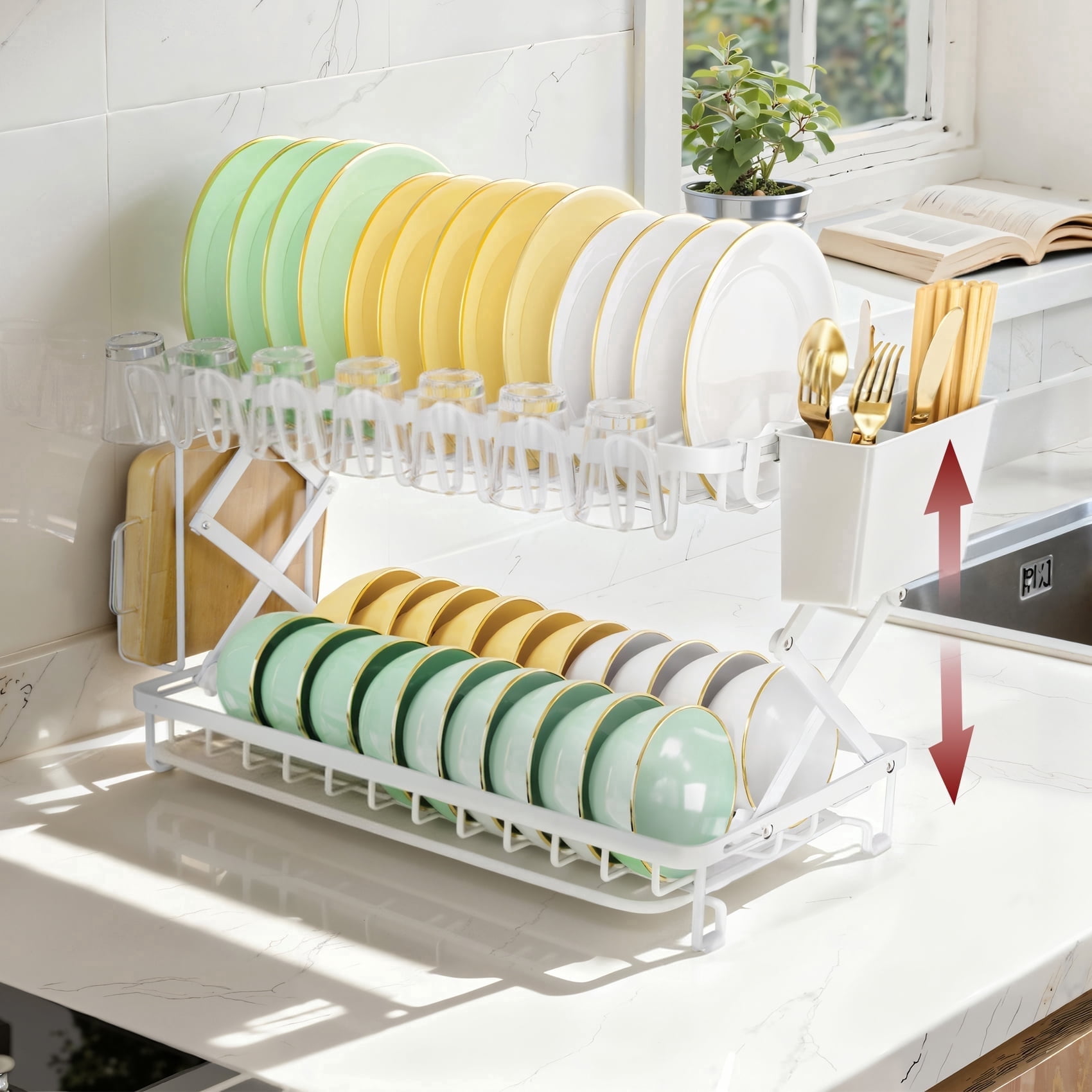 Glovv 2-Tier Large Dish Racks for Kitchen Counter, Space Saving Collapsible Dish Drying Rack, Dish Drainer Sink Organizer with Utensil Holder for Dishes, Spoons and Forks, White
