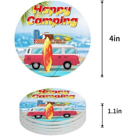 

ZHANZZK Summer Tour Bus on Sandbeach with Palm Trees Set of 8 Round Coaster for Drinks Absorbent Ceramic Stone Coasters Cup Mat with Cork Base for Home Kitchen Room Coffee Table Bar Decor