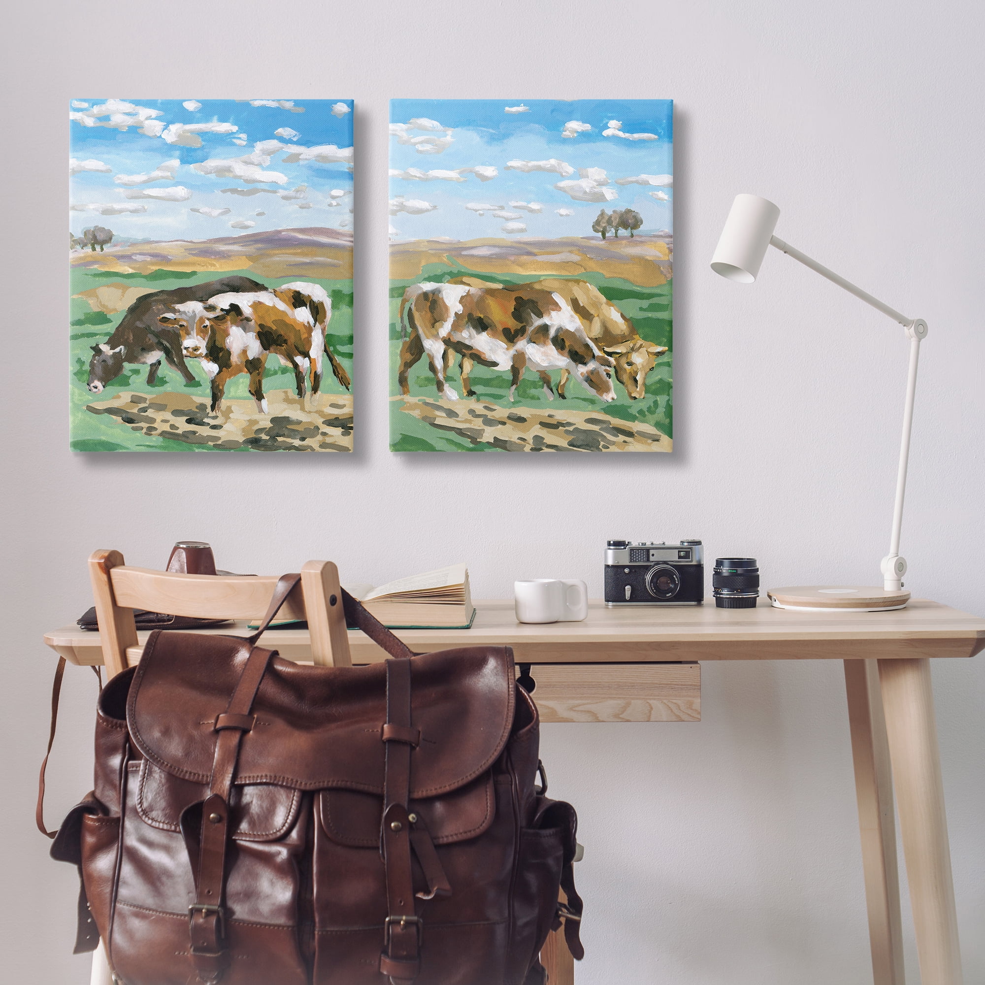 Stupell Industries Cows Grazing in Field Animals Painting Wrapped Canvas Art Print Wall Art, 24 x 30, Set of 2