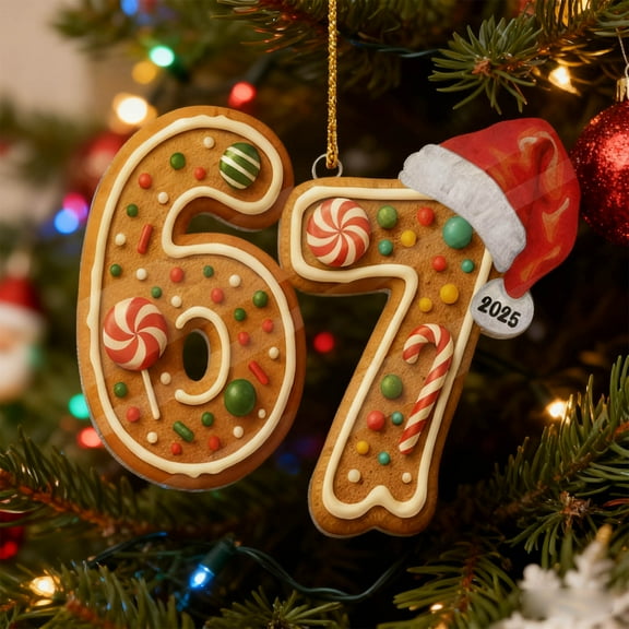 Christmas Funny 67 Shaped Holiday Decoration, Acrylic Number 67 Shaped Christmas Tree Decoration Hanging Sign, Gift for Friends Kids, Home Party Holiday Decor