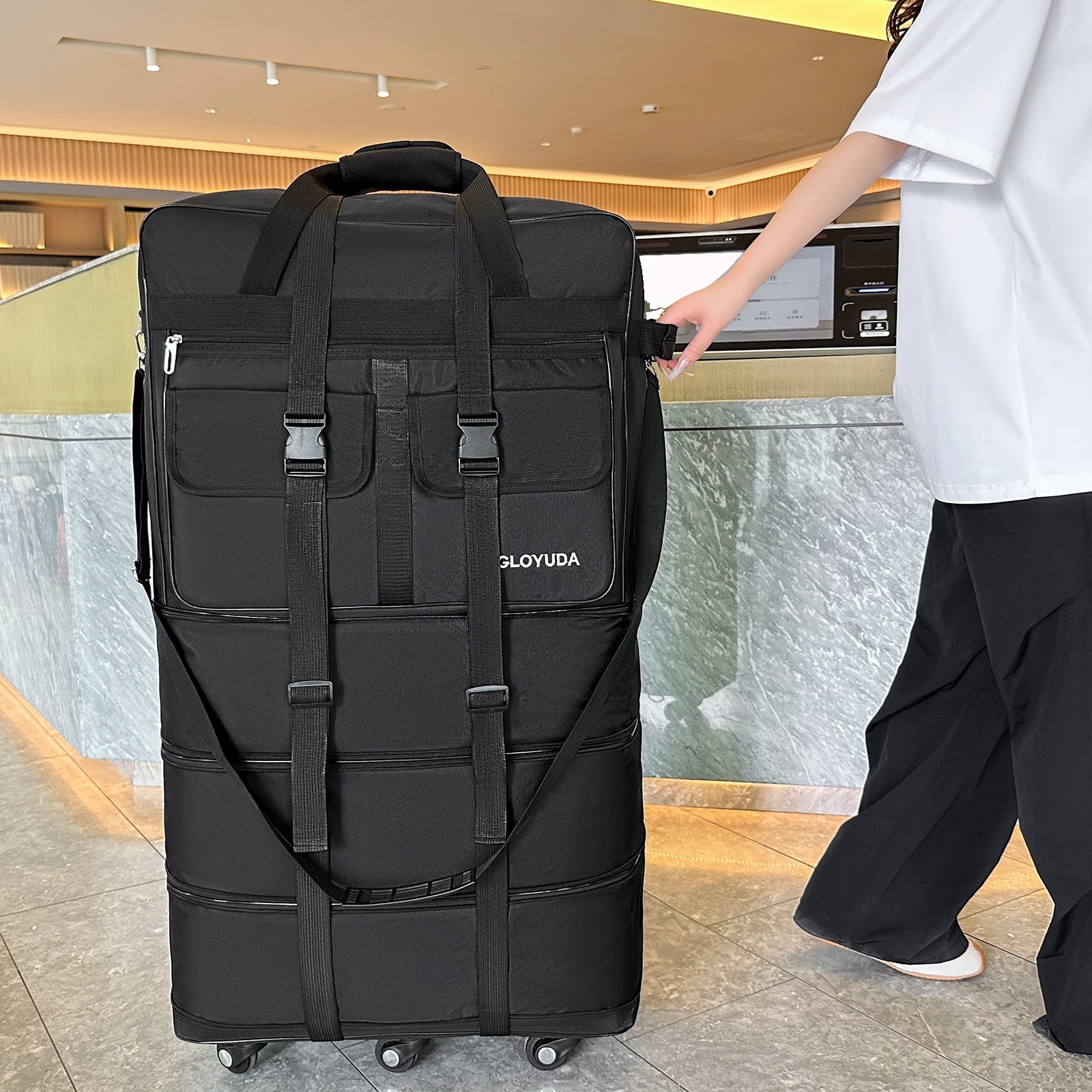 Gloyuda 130L Rolling Bag, 40 inch Duffle Bag with Wheels, Rolling Tote Bags with Wheels, Collapsible Luggage, Travel Bag with Wheels and Handle, Roller Bag with 2 Fixing Straps and 1 Shoulder Strap