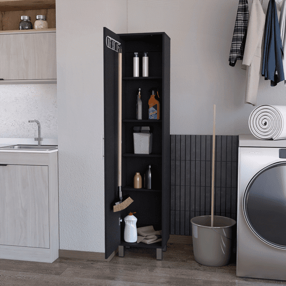 Melamine 70.8” Tall Storage Cabinet with 3 Broom Hangers – Slim Design for Home, Garage & Laundry Room