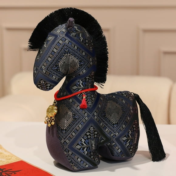 Black Fabric Horse Plush Toy - Handmade Cloth Doll with Traditional Ethnic Patterns, Soft Stuffed Animal Horse Ornaments for Kids Adults Home Living Room Decor