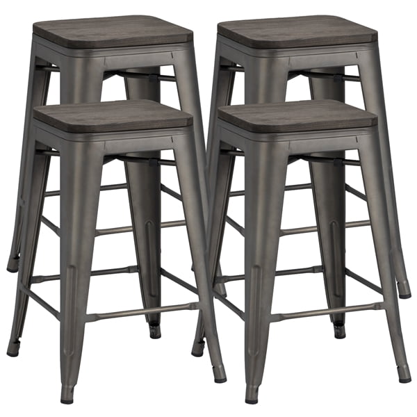 24'' Backless Industrial Style Distressed Silver Gray Metal Restaurant Stool 