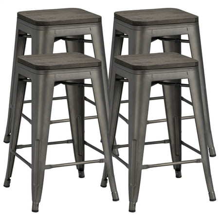 Yaheetech 24inch Metal Bar Stools Counter Height Barstools High Backless Industrial Stackable Metal Chairs with Wood Seat/Top Indoor/Outdoor , Gun Metal(Set of