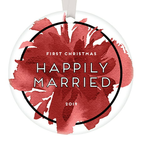 First Christmas Happily Married 2019 Ornament Bridal Shower Bride Groom Keepsake Wedding Party Gift Ideas Newlywed Couple 1st Holiday Honeymooners Chic Watercolor Floral Present 3