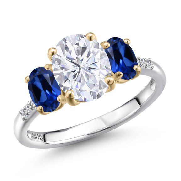 Gem Stone King 3.36 Cttw White Moissanite Blue Created Sapphire and Lab Grown Diamond Engagement Ring for Women | 925 Silver and 10K Yellow Gold | Oval 9X7MM and 6X4MM | Size 7