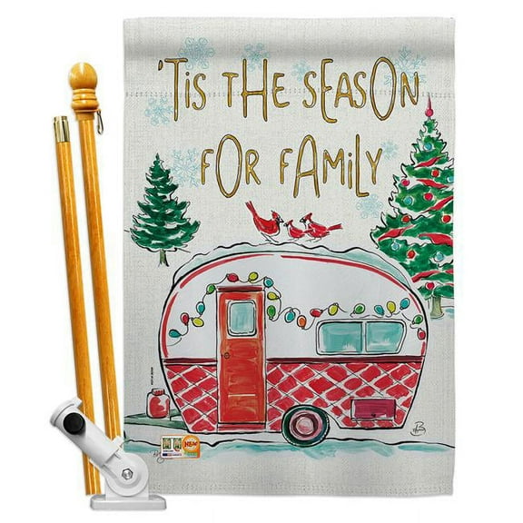 Breeze Decor BD-XM-HS-114202-IP-BO-D-US18-WA 28 x 40 in. Season for Family Winter Christmas Impressions Decorative Vertical Double Sided House Flag Set & Pole Bracket Hardware