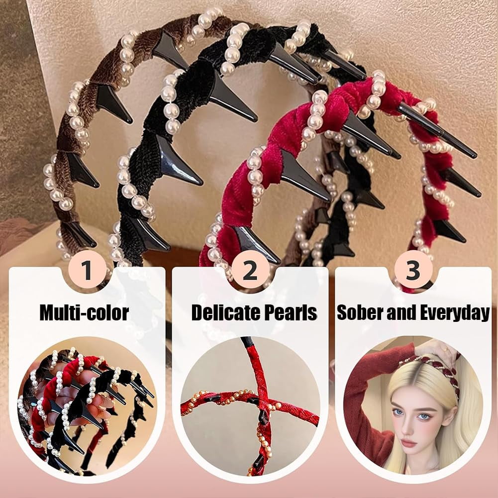 2026 New Retro High Skull Pearl Headband, Voluminous Comb Headband With Teeth for Women, Vintage High Cranium Artificial Pearl Hairband, Anti-Slip Wavy Zigzag Headbands (2PC-D)
