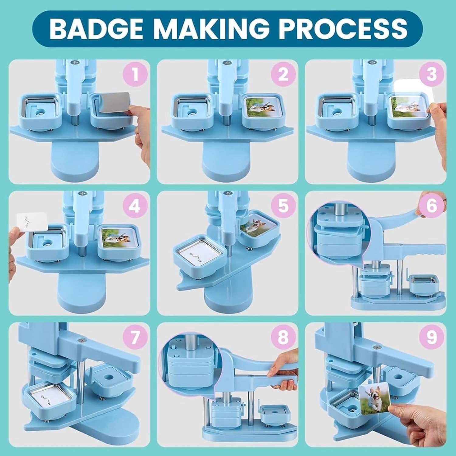 (PINK)Fridge Magnet Maker Machine, 50mm Square Photo Magnet Button Maker Kit, DIY Square Fridge Magnet Badge Button with 100 Set Square Magnet Button Making Supplies, for Souvenir, Activity Badge