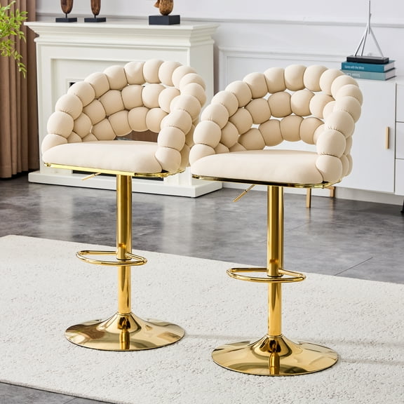LUFTUT Velvet Bar Stools Set of 2, 360° Swivel & Height Adjustable Counter Stools, Beige Upholstery Kitchen Island Chairs with Bubble Back and Gold Base