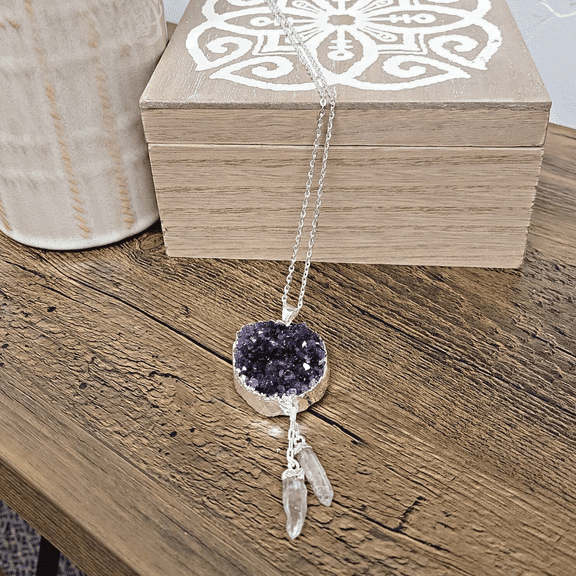 Amethyst Druzy w/ Crystal Quartz Dangle Necklace