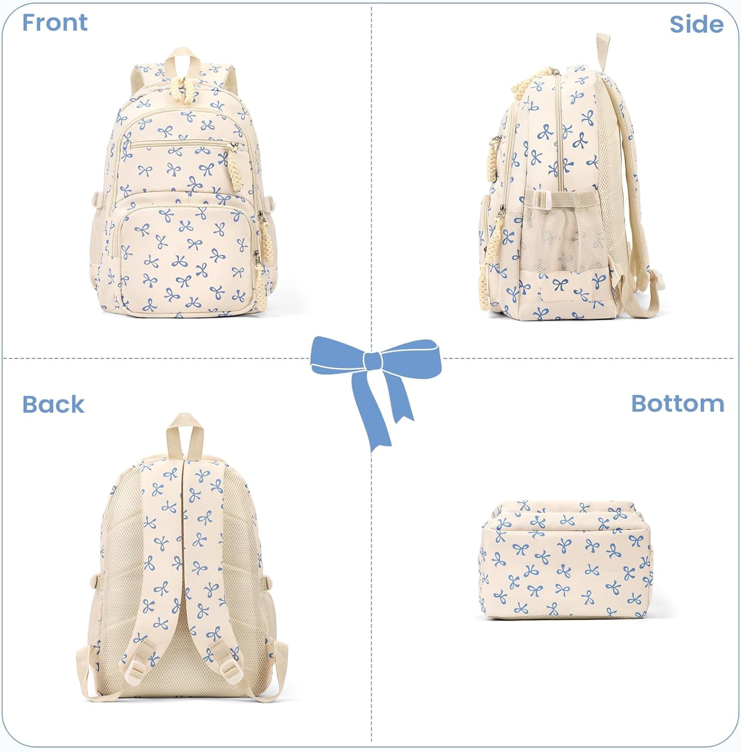 Lohol Coquette Aesthetic Backpack - Cute Kawaii Bow Rucksack for Women, Trendy & Lightweight Nylon Daypack (A02 Bow Blue)