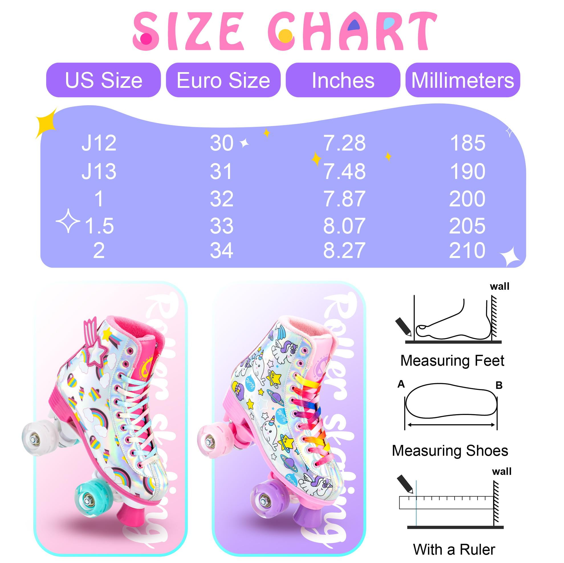 Roller Skates for Girls Light up Wheels Kids with High Top Reflective TPU Leather Rainbow Unicorn