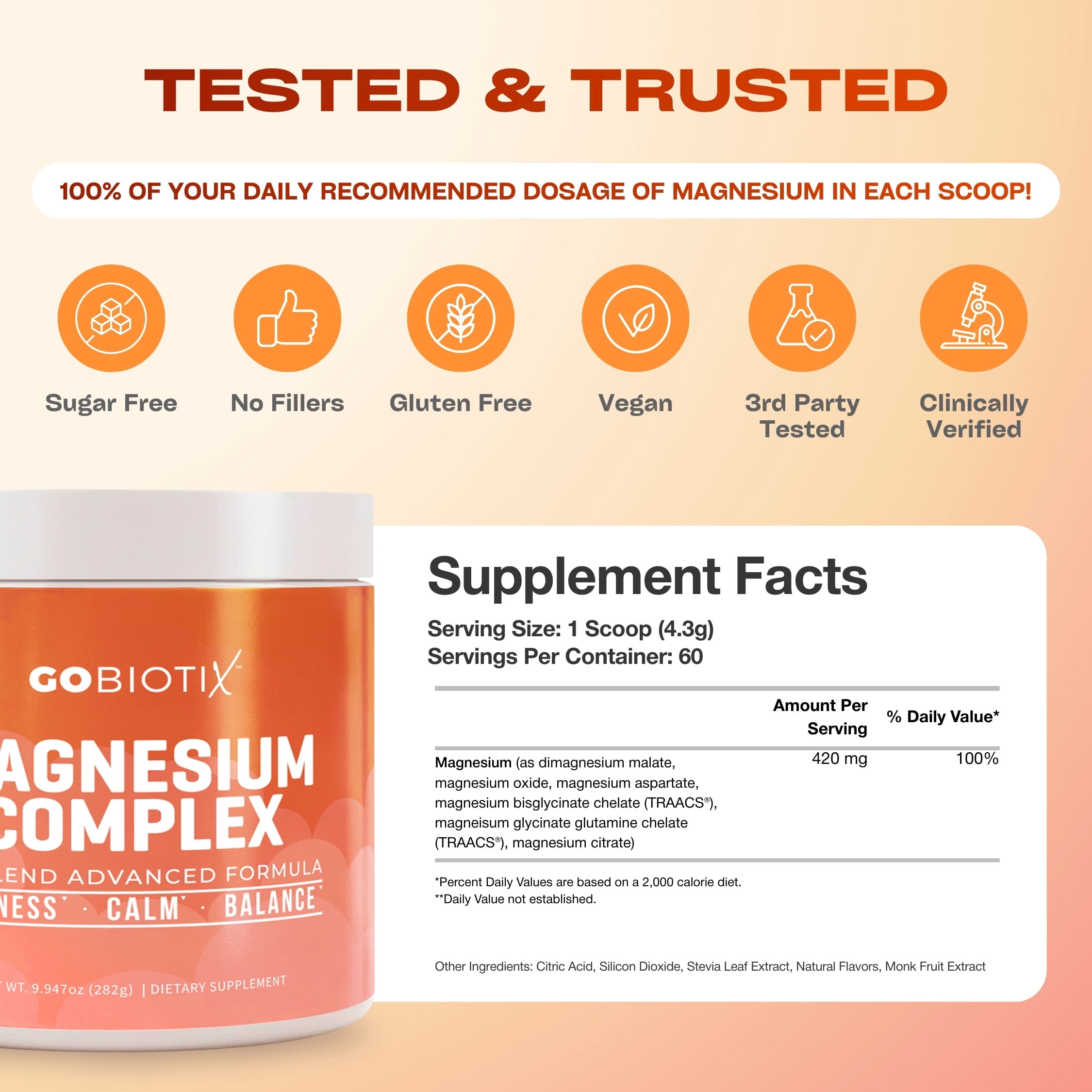 GoBiotix Magnesium Complex Powder with Magnesium Glycinate & Citrate, Peach Tea Flavor, 60 Servings