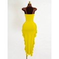 thumbnail image 2 of Yellow Womens Fitted Asymmetrical Hem 3D Floral Bandeau Dress, Ruched Body with Layered Ruffle Skirt, 2 of 6