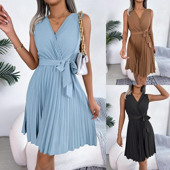 ATOYSOY Women's Retro Solid Color Mini A Line Dress V Neck Beach Sundress Trendy Elegant Casual Bandage Pleated Sleeveless Workout Dress for Girls Black S