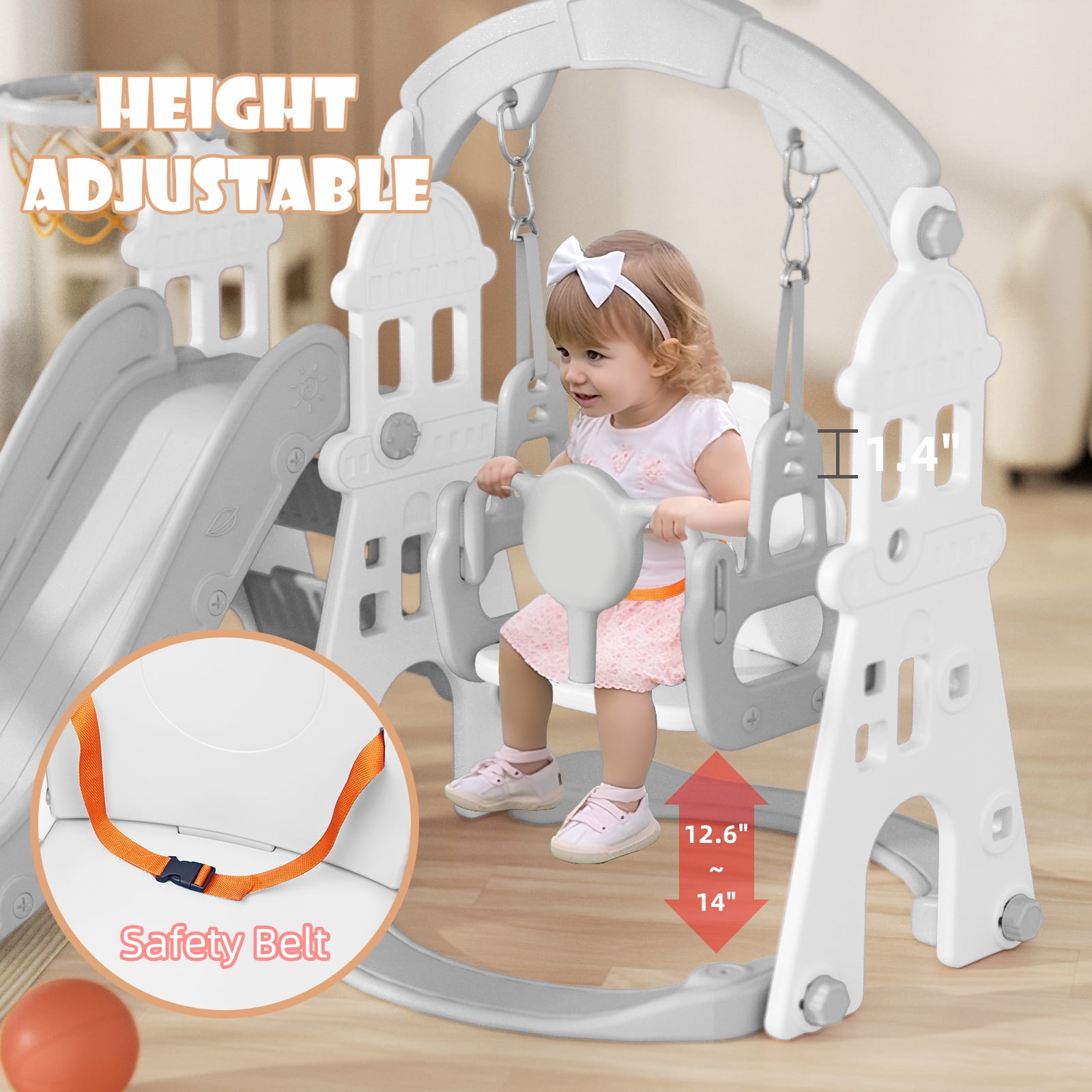 XJD 4-in-1 Kids Slide for Toddlers Age 1-3 Slide and Swing Set,Indoor Playground for Children,Freestanding Outdoor Slides with Basketball Hoop, Baby Climbing Toys