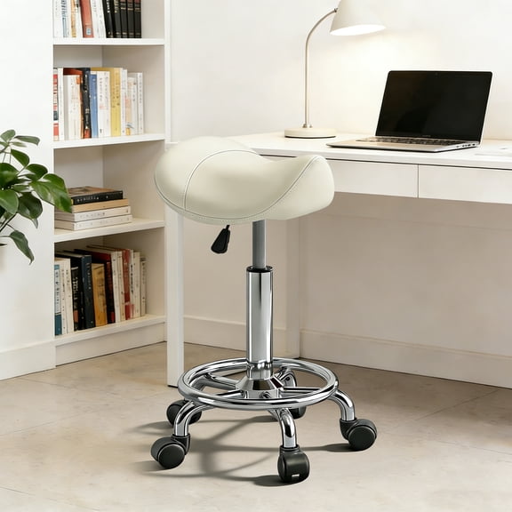 Saddle Stool, Adjustable Height Ergonomic Swivel Chair with Wheels, PU Leather Saddle Seat with Ring Pedal for Salon, Massage, Clinic, Lab, and Office White