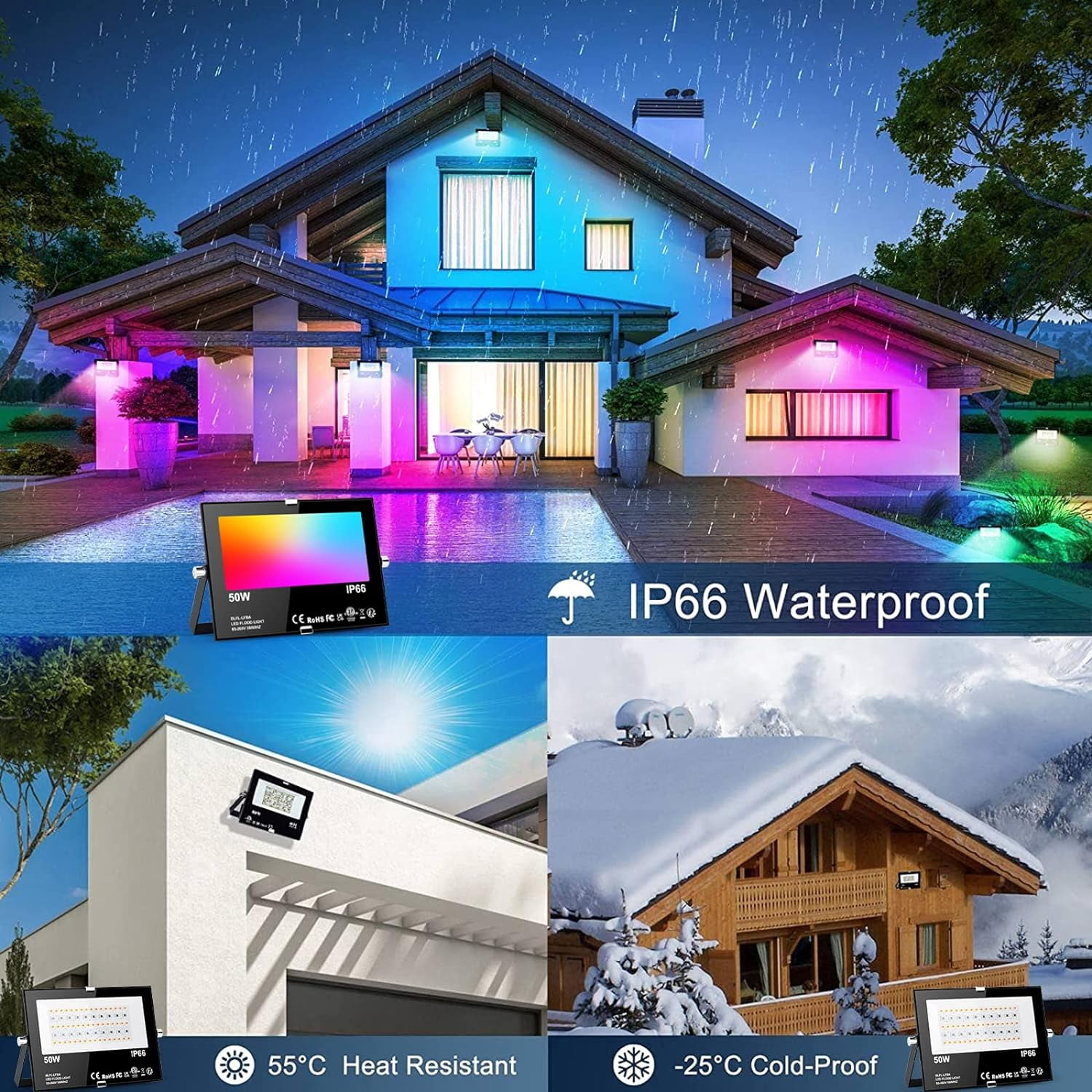 LED RGB Flood Light Outdoor 500W Equivalent, Smart Color Change & Daylight 5700K Landscape Lighting, IP66 Waterproof Patio Lights via App Control, Indoor Ambient Lighting, Uplighting for Yard Pathway