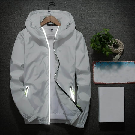

TUWABEII Trendy Tops for Men Mens Casual Long Sleeve Pocket Hooded Reflective Coat Loose Solid Zipper Medium And Long Hooded Sweatshirts Blouse