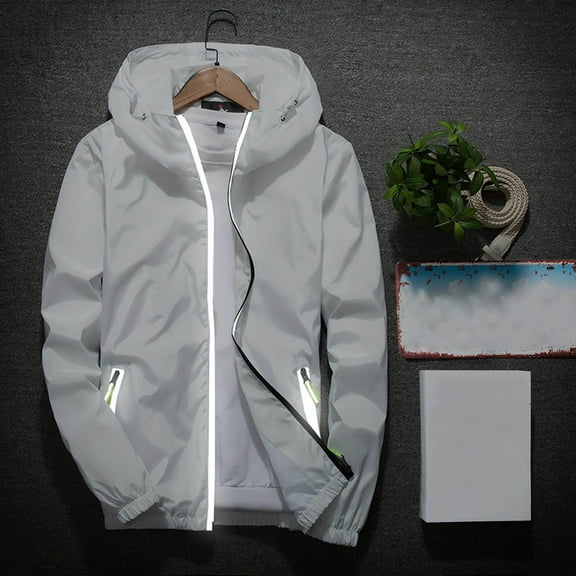 OKBOP Men's Casual Pure Color Plus Size Hoodie Reflective Zipper Outdoor Sport Coat