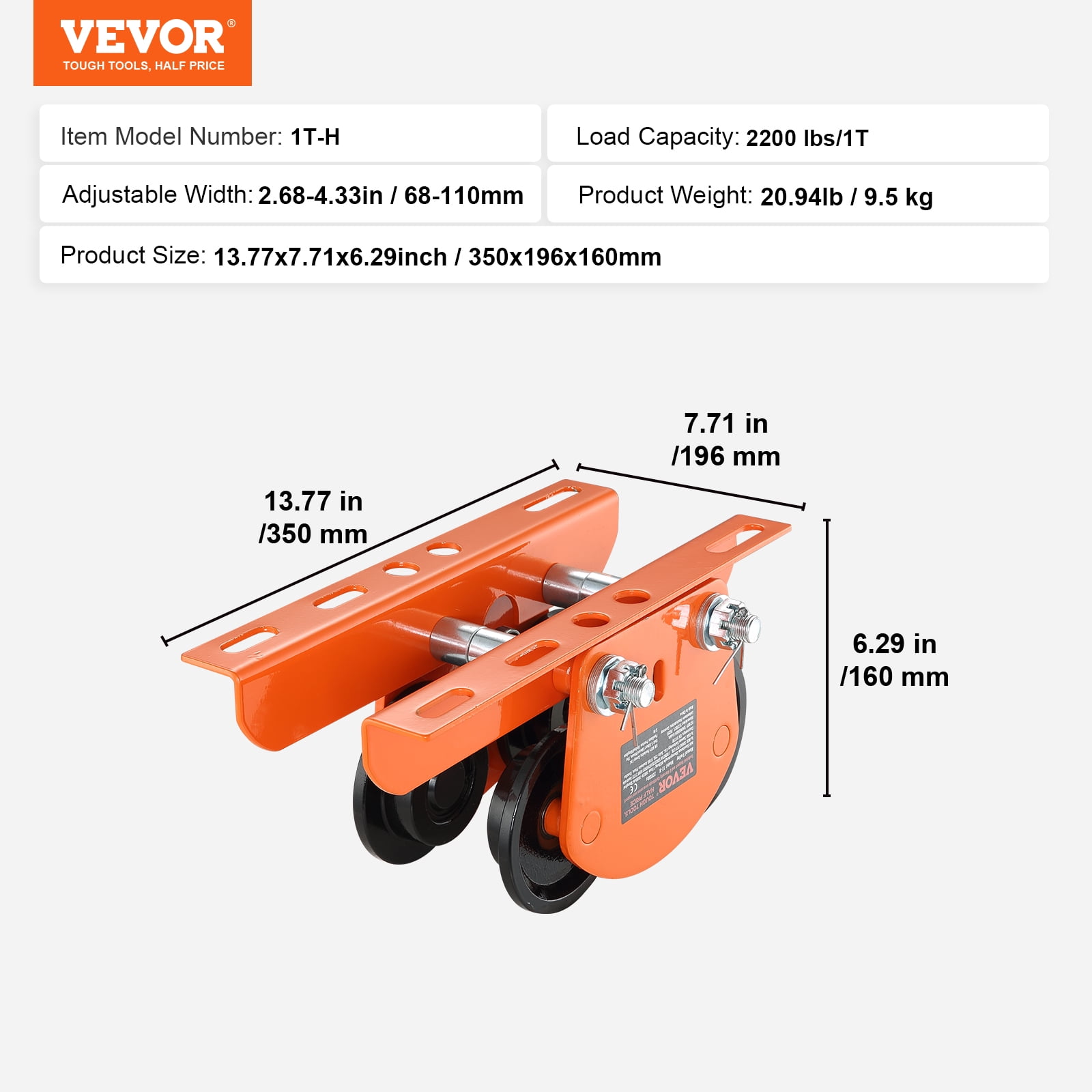 KFFKFF Electric Hoist Manual Trolley 2200 lbs/1 Ton 2.68"-4.33" I-Beam Adjustable