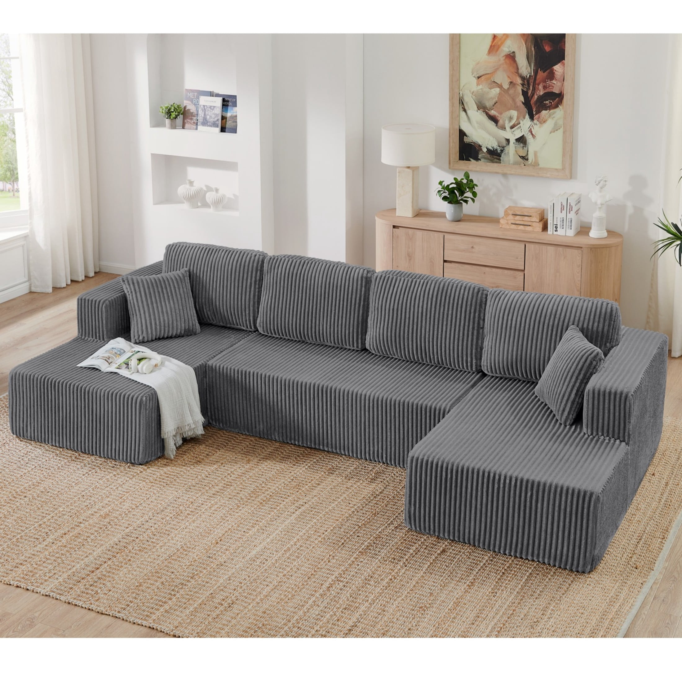 Noble House Isaiah 132" Modern U-Shape Modular Sectional Sofa, Minimalist Corduroy Compressed Sleeper Couch, Gray