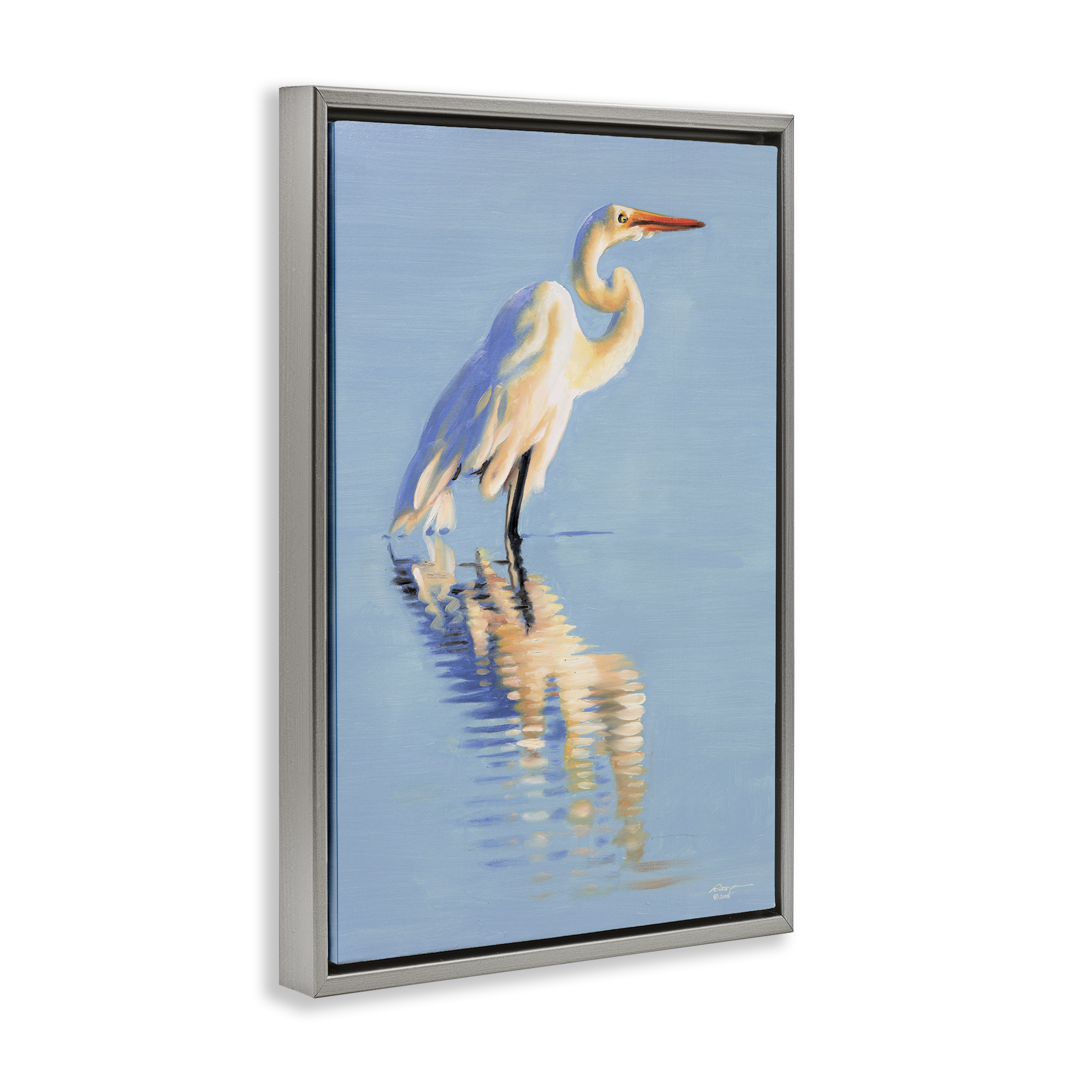 Stupell Industries Blue Egret Reflection Animals & Insects Painting Gray Floater Framed Canvas Art Print Wall Art, 17 x 25