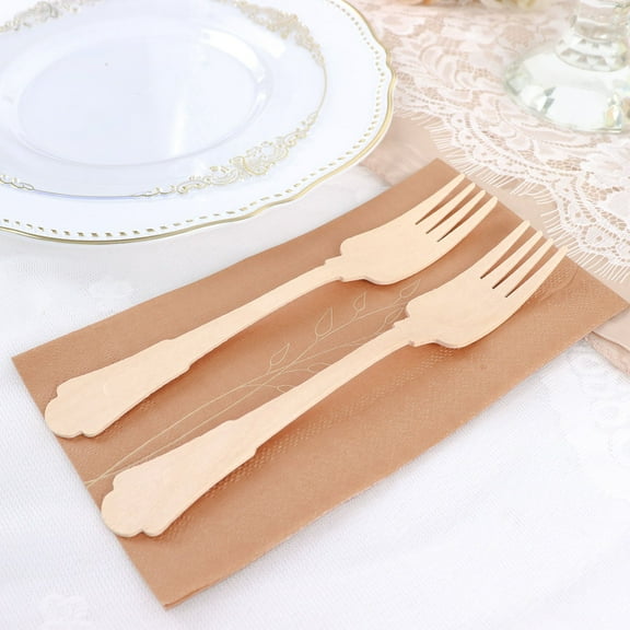 Efavormart 24 Pack | Vintage Baroque Design Disposable Wooden Fork Utensils, Eco-Friendly Biodegradable Cutlery - 7.5"