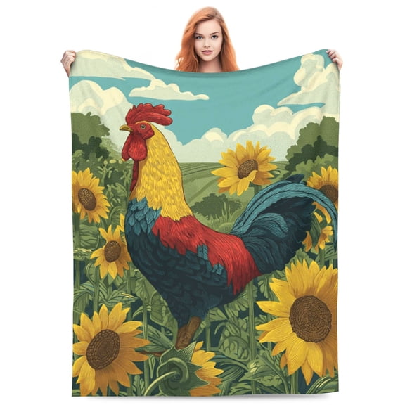 Sunflower Rooster Throw Blanket with Bright Summer Garden Design, Soft Flannel Fleece for Kitchen, Porch & Home Décor 50x40