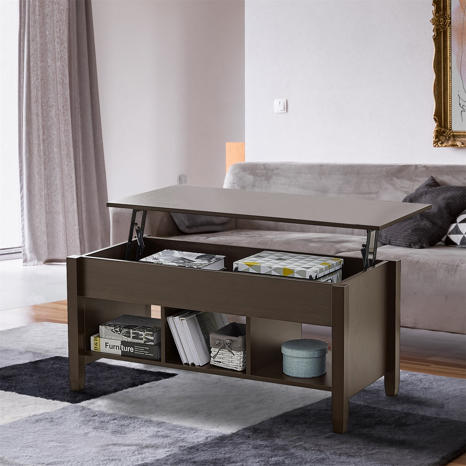 Kadyn Modern Lift Top Coffee Table with 3 Storage Rooms, Wooden Center Coffee Table with Lifting Top, Living Room Table for Family, Brown