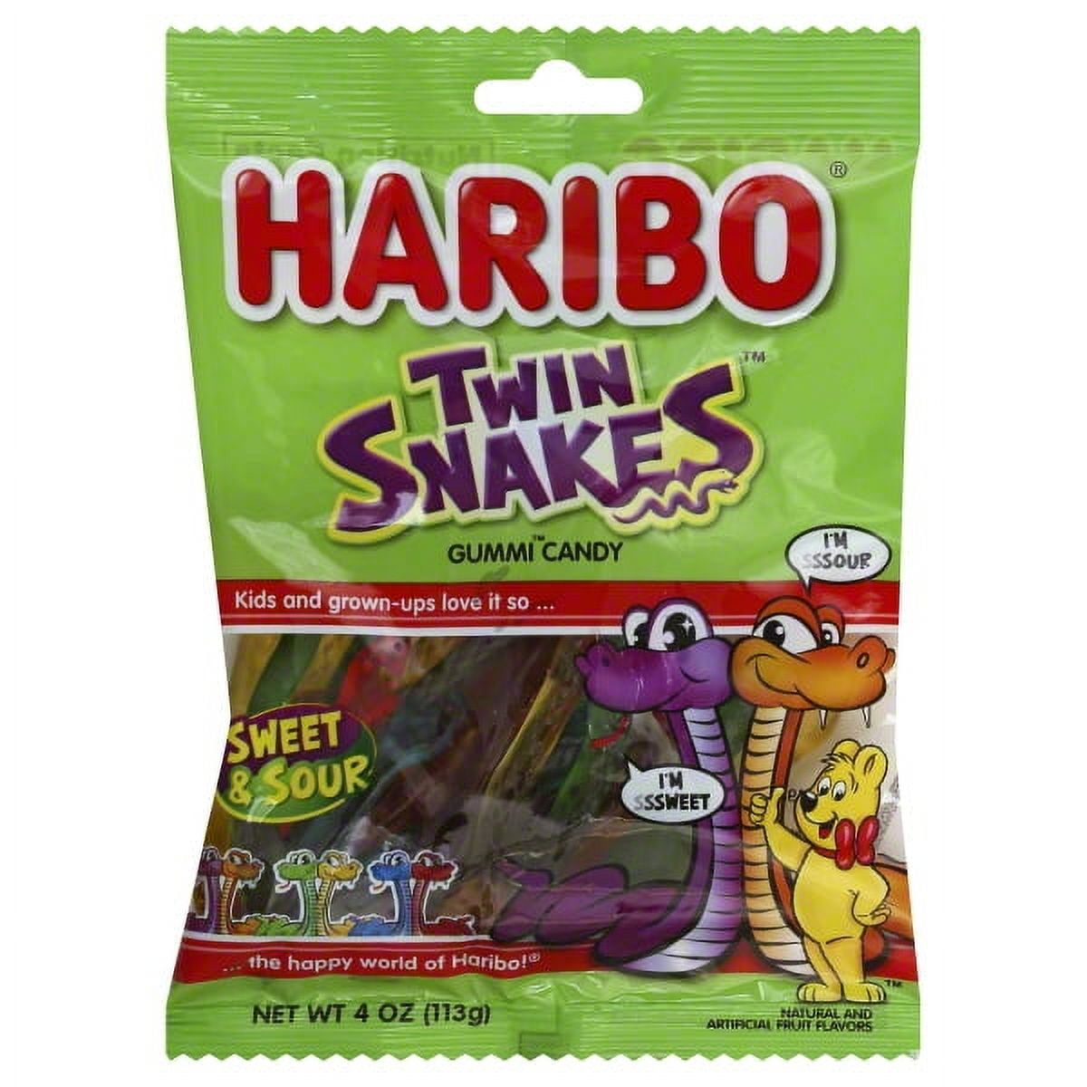 (5 pack) HARIBO Twin Snakes Gummies Original Assorted Fruit Flavor Gummy Candy +25% Bonus, 5oz, Share Size Peg Bag