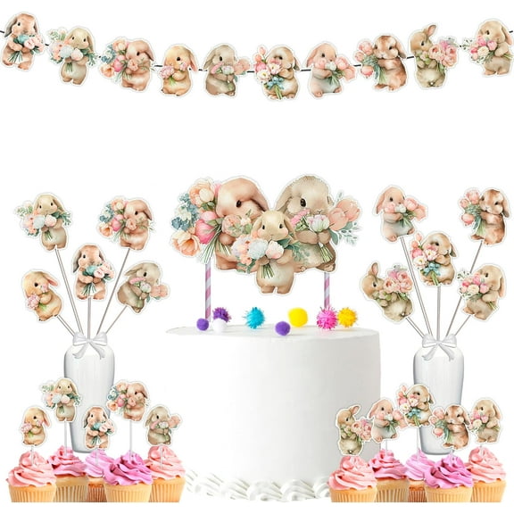 Easter Bunny Baby Shower and Birthday Party Supplies Set - Banner, Centerpieces, Cuake Toppers, Cake Topper