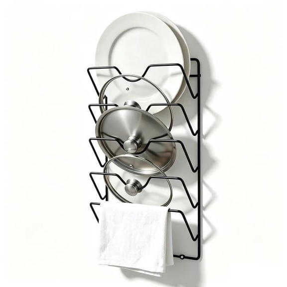 5-Tier Stainless Steel Pot Lid Organizer, Heavy-Duty Lid Storage Rack with 2 Installation Methods (Drill or Adhesive), Space-Saving Holder for Pots, Pans & Woks, for Cabinet Door & Wall