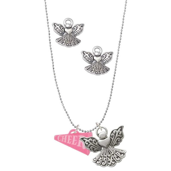 Delight Jewelry Acrylic 3/4" Hot Pink Cheer Megaphone Silver tone Guardian Angel Charm Necklace and Stud Earrings