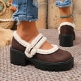 thumbnail image 4 of Mary Jane Shoes Women Winter Fuzzy Warm Suede Round Toe Platform Lug Sole Chunky Heel Casual Dressy Shoes Brown Size 8, 4 of 7
