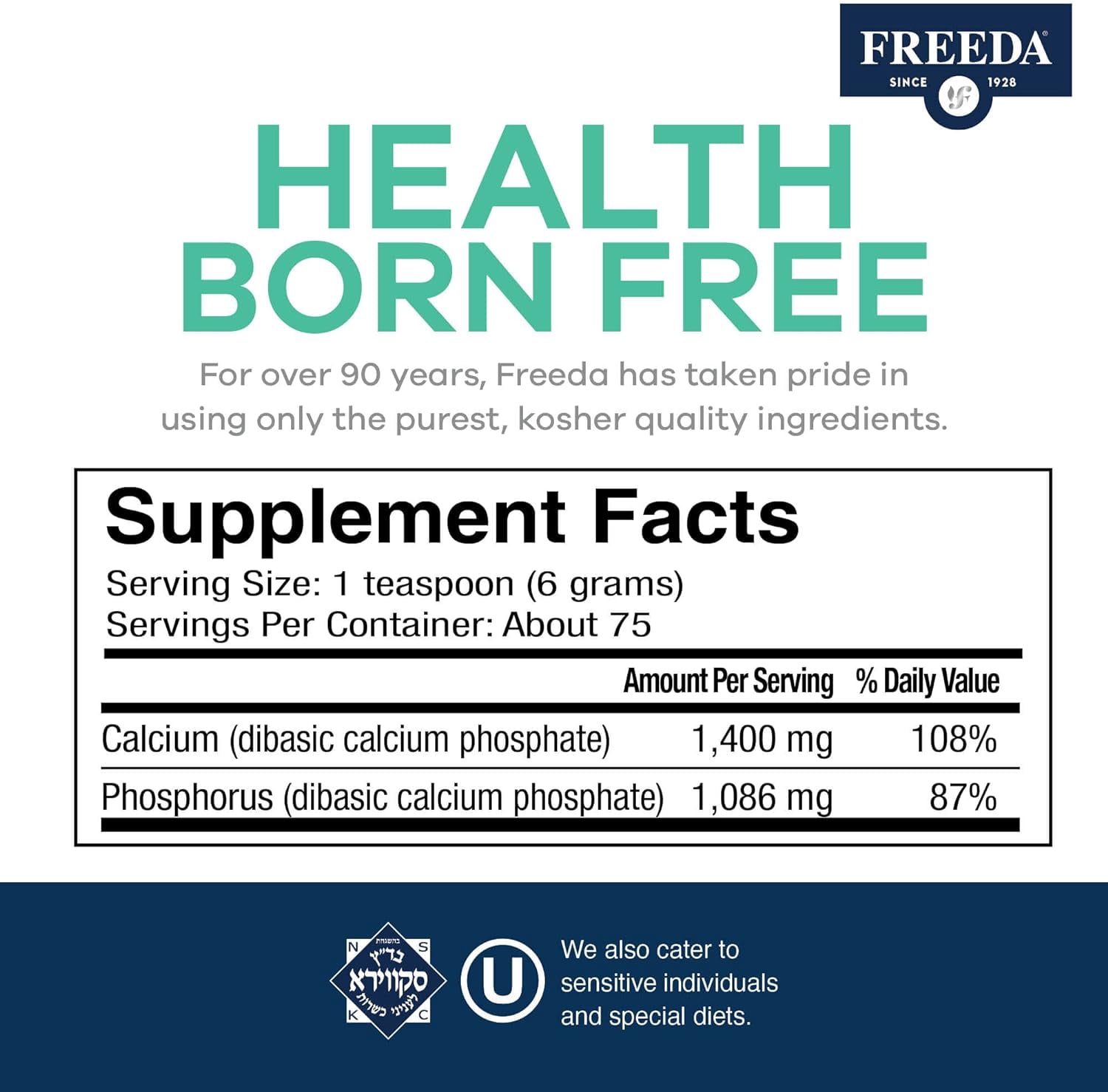 Calcium Phosphate Powder for Humans & Pets – Freeda Kosher Vegan Bone Health Supplement – 16 oz