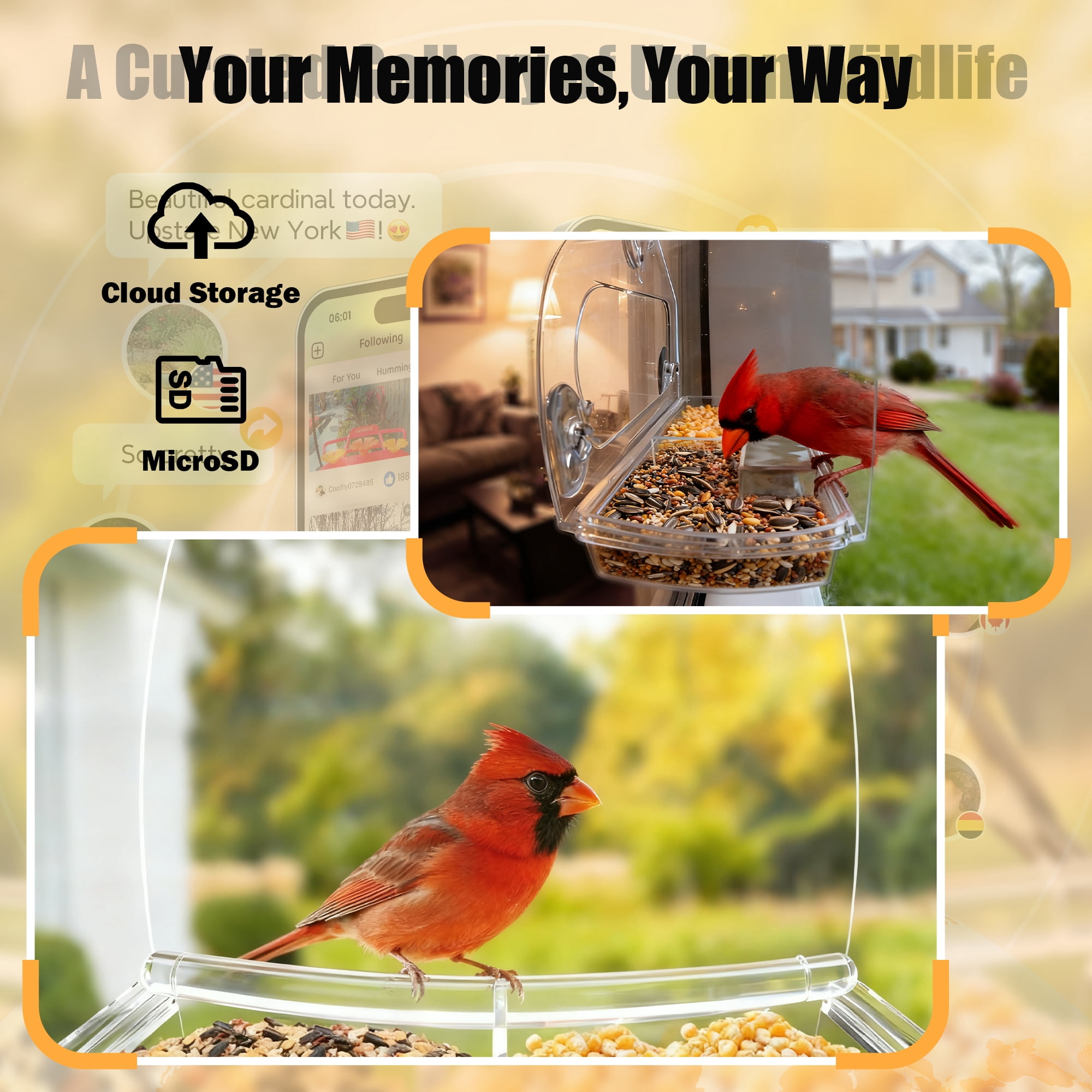 Coolfly x Freeseason Smart Window Bird Feeder with 2K HD Camera, Suction Cup Mount for Apartments, Anti-Glare Video with AI Species ID & No Monthly Fees - Charming House Shape