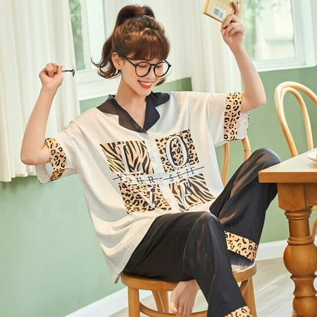 

PIKADINGNIS Women Sleepwear Sexy Nighty Plus Size Summer Pyjamas Silk Nightgown Lapel Loose Version Pajama Set
