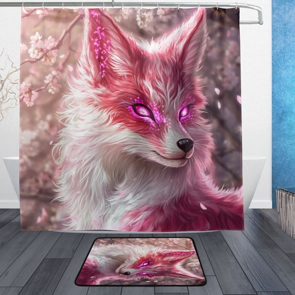 BZSMCE Shower Curtain and Bath Accessory Set,Pink Fox with Glowing Eyes Pattern