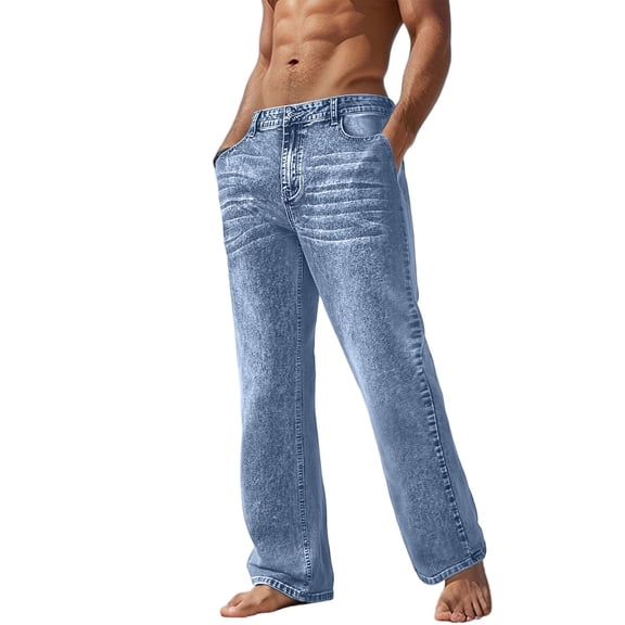 qelini Wide Leg Jeans for Men Elastic Waist Denim Pants Multiple Pockets Solid Color Casual Trousers