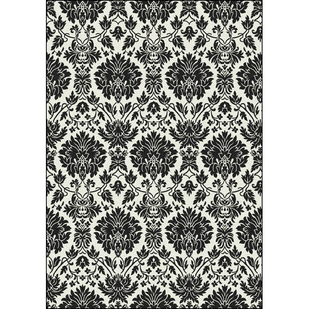 Milliken Black & White Area Rug Manor Uptown Black Damask Flowers 3' 10