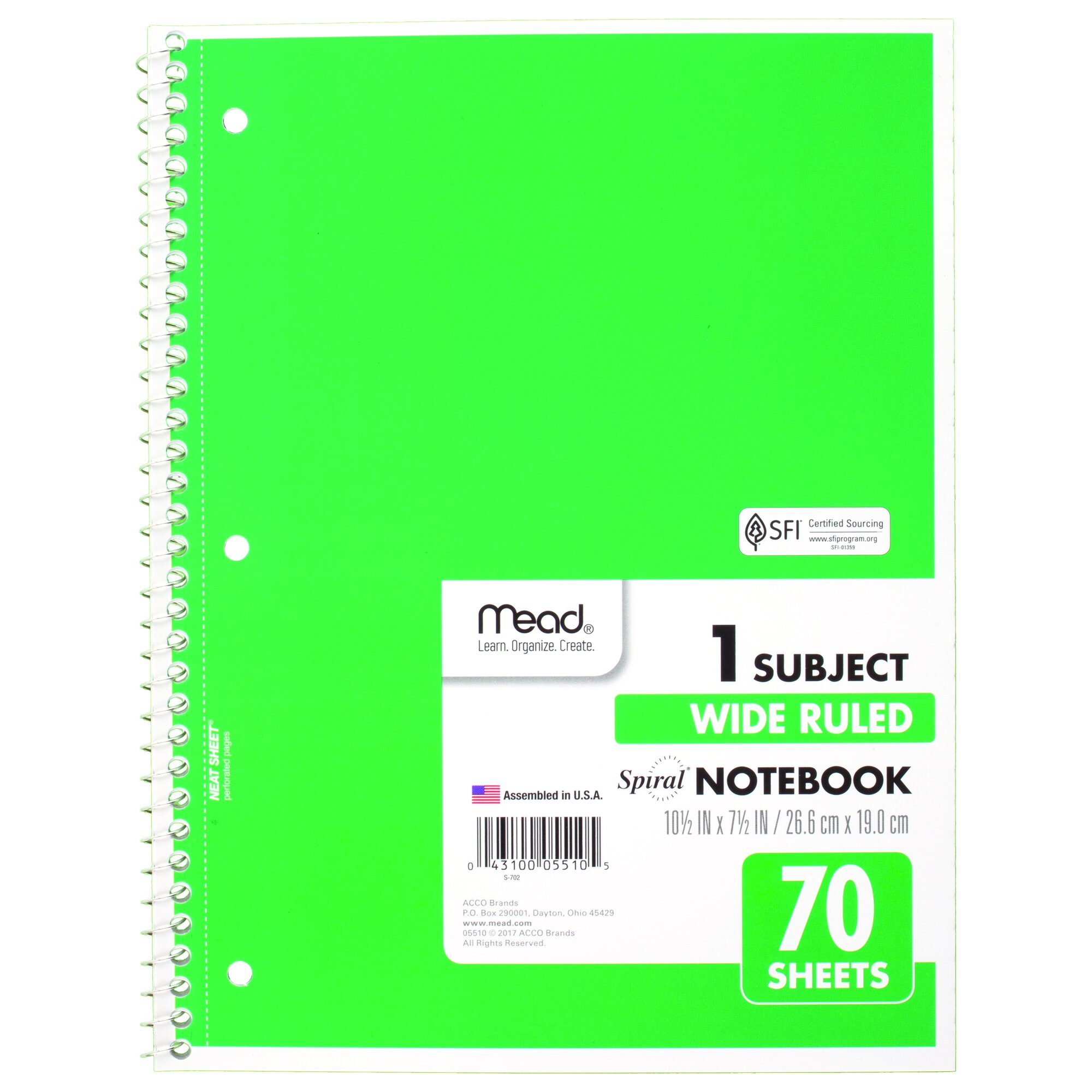 Mead Spiral Notebook 1 Subject Wide Ruled 70 Sheets 10 12 x 7 12 4 Pack Green