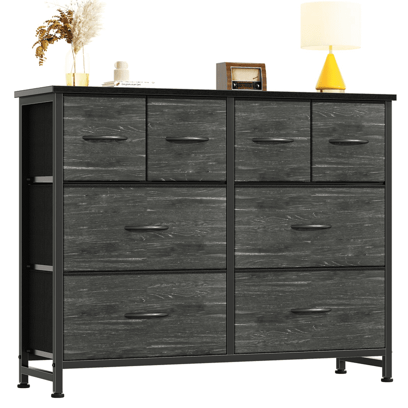 Kelno 8 Drawers Fabric Cabinet Metal Frame Wide Wood Top Storage Tower TV Stand Clothes Organizer for Bedroom Living Room,Black Wood