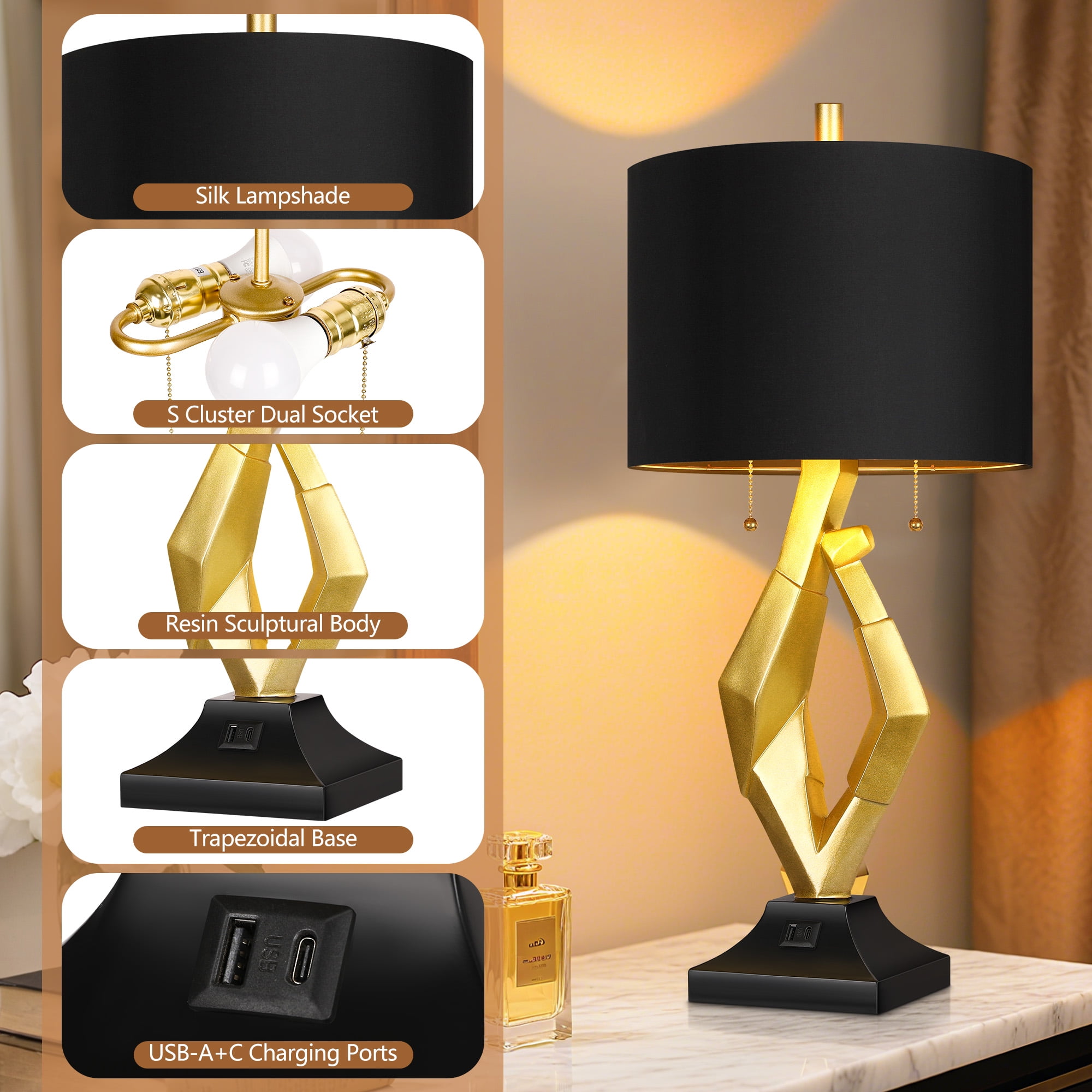 25.5in Gold Nightstand Resin Lamps with Black Shades, Contemporary Table Lamps for Bedside End Tables, 4 Bulbs Included (Gold)