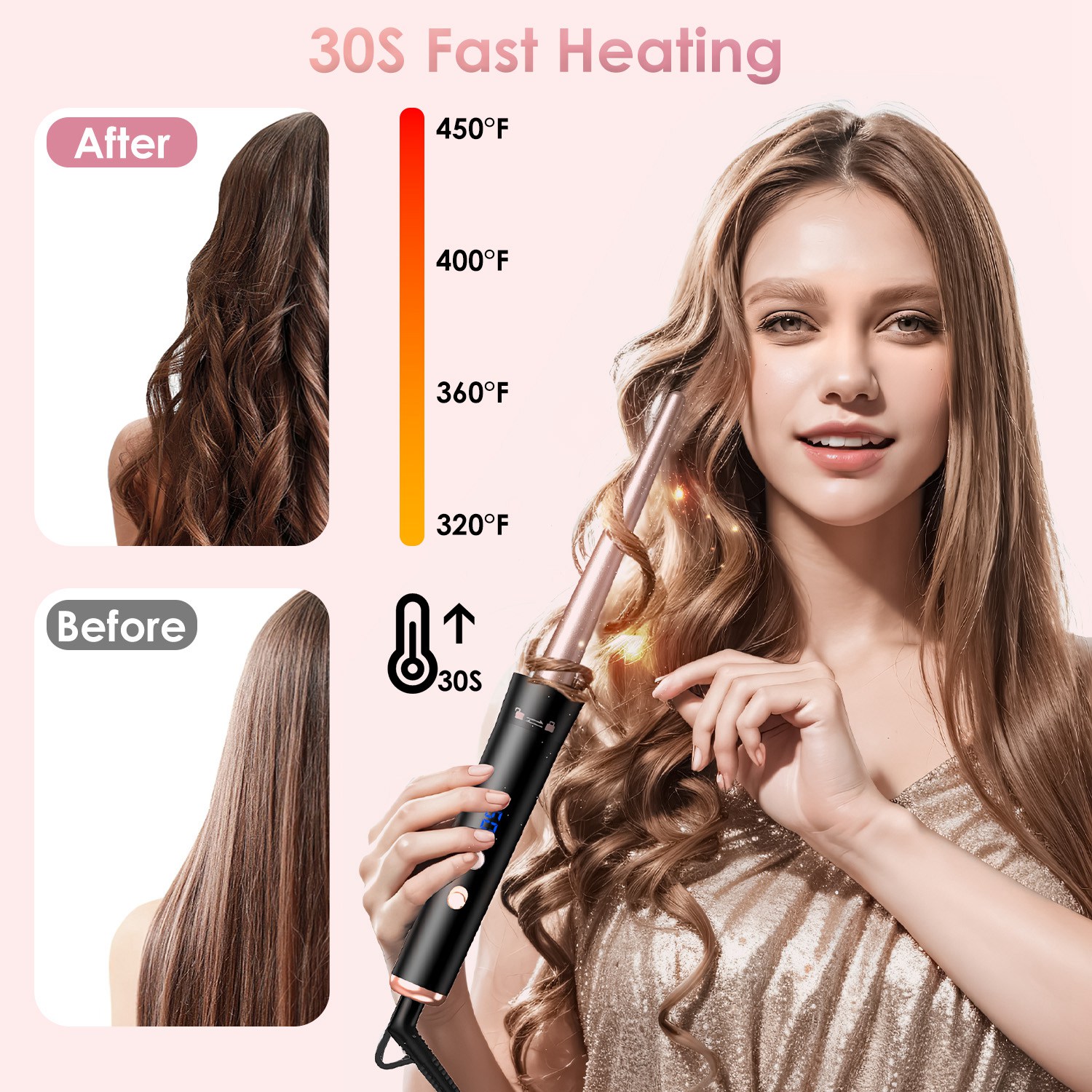 Moclever 5 in 1 Hair Curling Wand, Thermal Brush Curler with 4 Heating Levels 360° Rotatable Cable 1H Auto off, 5 Interchangeable Barrels 2 Clips, Rose Gold